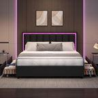 Queen Size Bed Frame with 4 Storage Drawers, Faux Leather Upholstered Bed Frame Queen with Headboard, RGB LED Ligths, Heavy Duty Metal and Wood Slat Support, No Box Spring Needed, Easy Assembly, Black