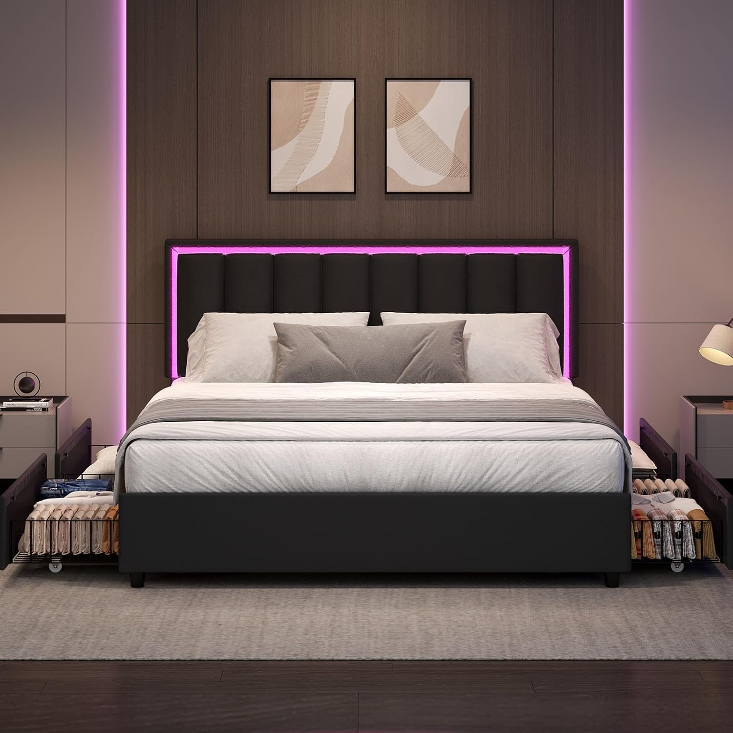 Queen Size Bed Frame with 4 Storage Drawers, Faux Leather Upholstered Bed Frame Queen with Headboard, RGB LED Ligths, Heavy Duty Metal and Wood Slat Support, No Box Spring Needed, Easy Assembly, Black