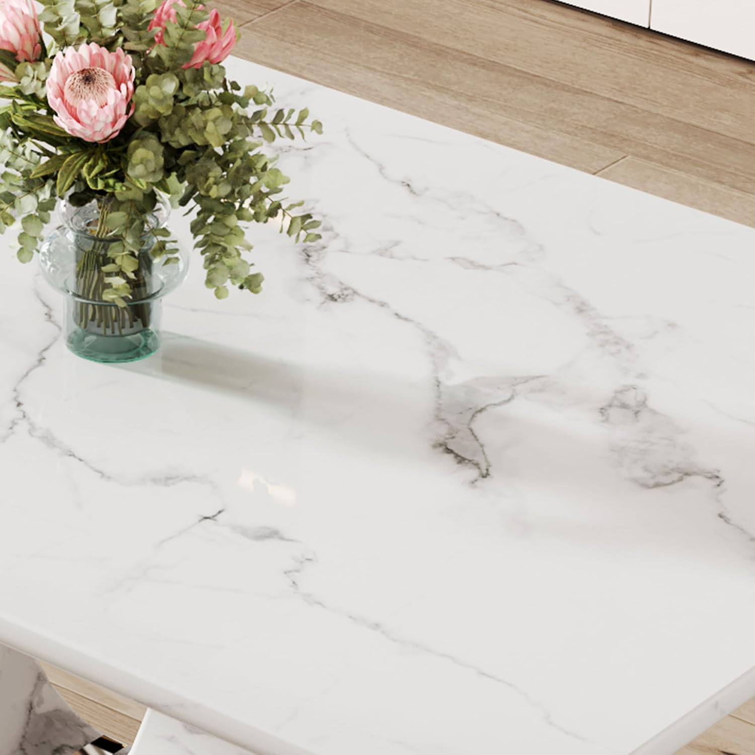 JUFU 63" Faux Marble Dining Table for 6, Modern Rectangular Kitchen & Dining Room Table, White Marble-Look MDF Top with U-Shaped Pedestal Base, Easy to Assemble