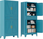 71 "Farmhouse Metal Filing Cabinet with a Drawer and 4 Adjustable Shelves, with 4 Large barn Door Blue Kitchen Cabinets, Metal Food Cabinets for Home, Kitchen, Dining/Living Room (Peacock Blue)
