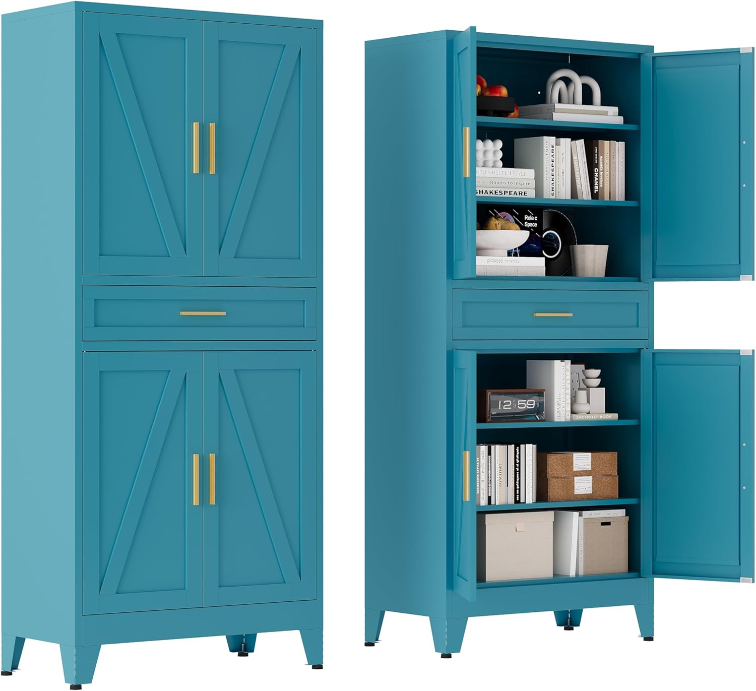 71 "Farmhouse Metal Filing Cabinet with a Drawer and 4 Adjustable Shelves, with 4 Large barn Door Blue Kitchen Cabinets, Metal Food Cabinets for Home, Kitchen, Dining/Living Room (Peacock Blue)