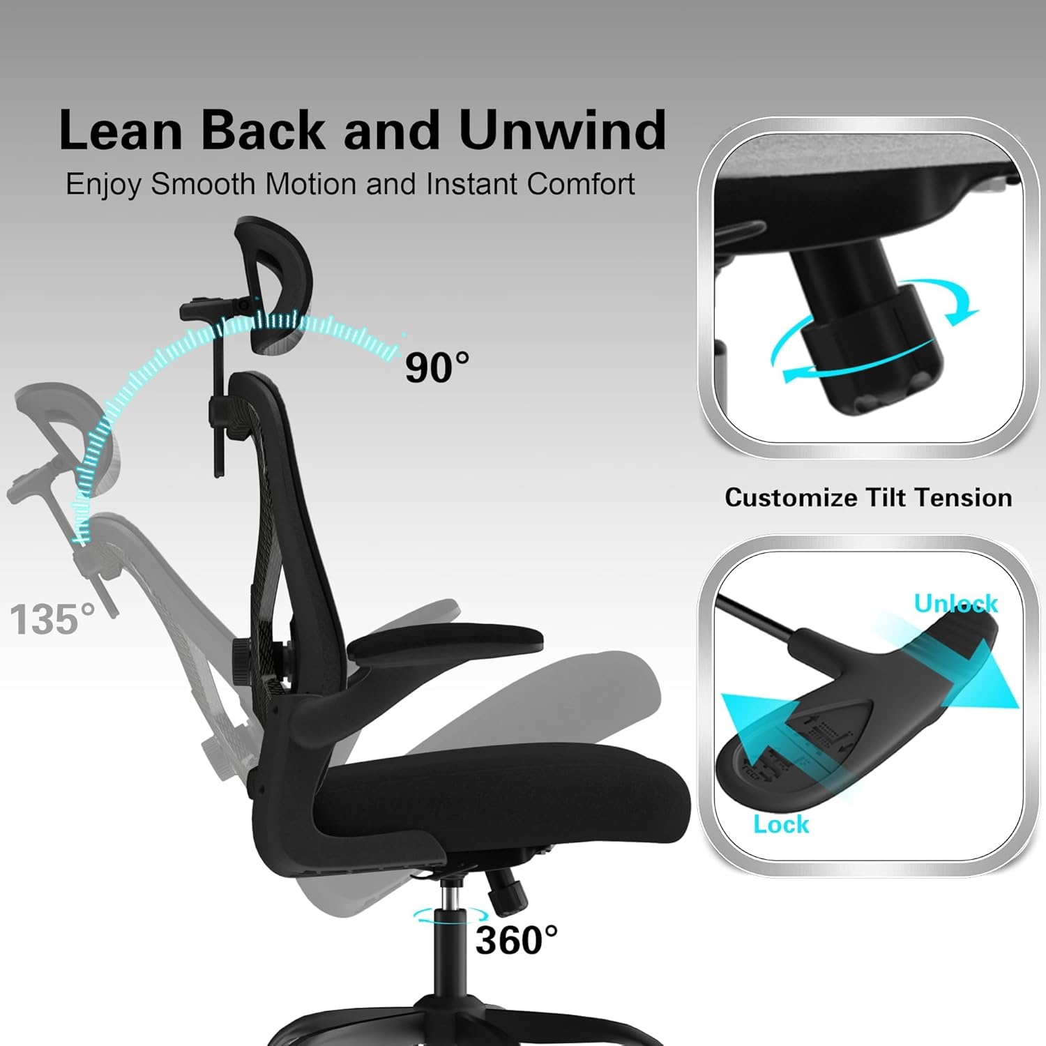 Office Chair for Back & Neck Pain Relief, Virgin Foam Seat, 2D Adjustable Lumbar & 3D Headrest, Flip-Up Armrests, Tilt & Rock for Relaxation, Black/Carbon Fiber