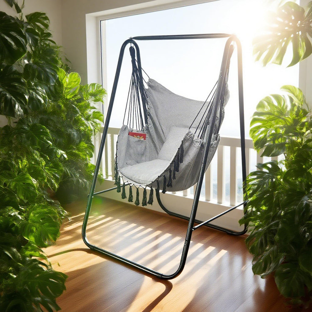 Hammock Chair with Stand,Heavy-Duty Hammock Stand with Large Indoor Swing,MAX Load 500 LBS,Hanging Chair with Stand for Indoor Outdoor,Swing Chair with 2 Cushions Included(Grey)