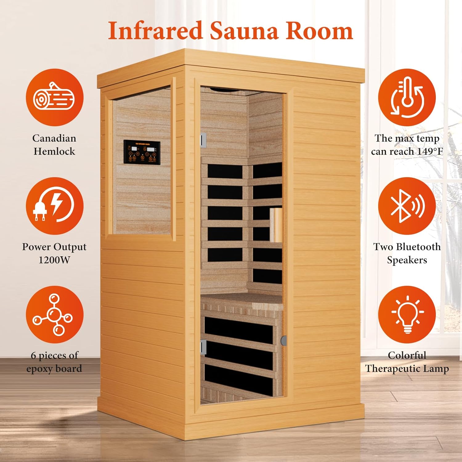 Far Infrared Sauna Home Sauna Spa Room Canadian Hemlock Wood 1200W Indoor Saunas Low EMF 110V with 7 Color Light and Tempered Glass Door  Room: 35.2 * 27.6 * 61.6Inch