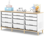 12 Drawers Storage Cabinet with Wooden Top and Plastic Bins, Toy Shelf Storage Chest Cubby Organizer for Home, Office, Playroom, Classroom & Craft Room Storage (White)