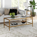 Henn&Hart 45" Wide Rectangular Coffee Table with Glass Shelf in Antique Brass, Coffee Table coffee tables for living room, studio apartment essentials