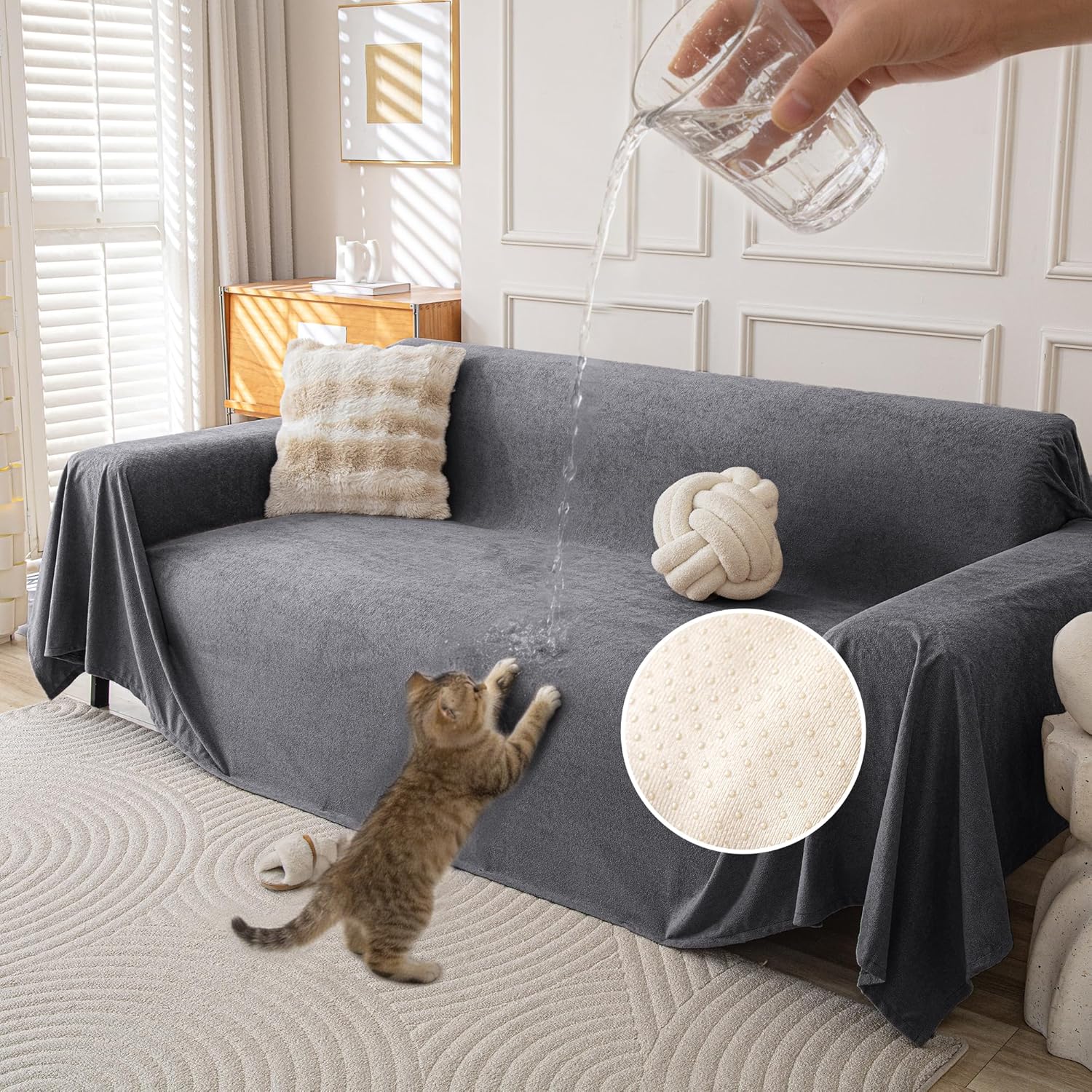 Waterproof Couch Covers for 4 Cushion, Non Slip Cat-Scratch Resistant Sofa Couch Covers for Dogs, L Shape Sectional Protectors Slipcovers, Large Furniture Covers for Pets, 91" x 150", Grey