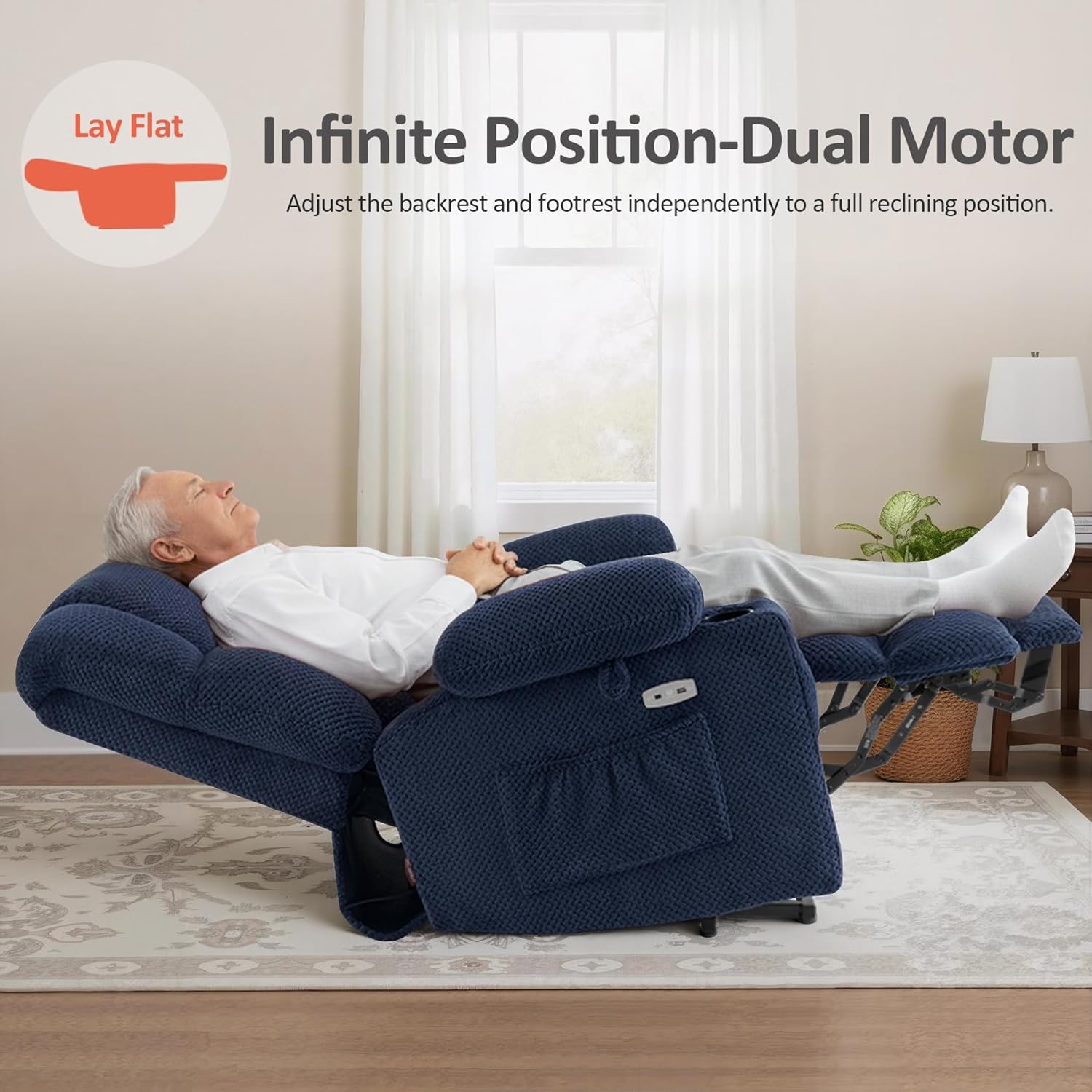 MCombo Dual Motor Power Lift Recliner Chair with Massage and Heat for Elderly People, Infinite Position, USB Ports, Cup Holders, Fabric 7890 (Medium, Yale Blue)