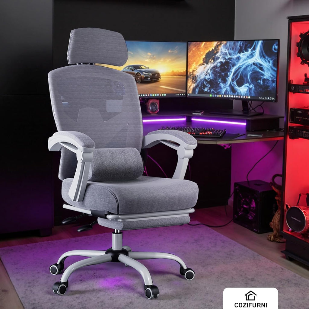 DUMOS Office Desk Computer Chair with Footrest, Ergonomic Mesh Swivel Gaming Chair with Rolling Wheels, Comfortable Headrest, Lumbar Support, Comfy for Home, Office, Task, Student, Elegant Grey