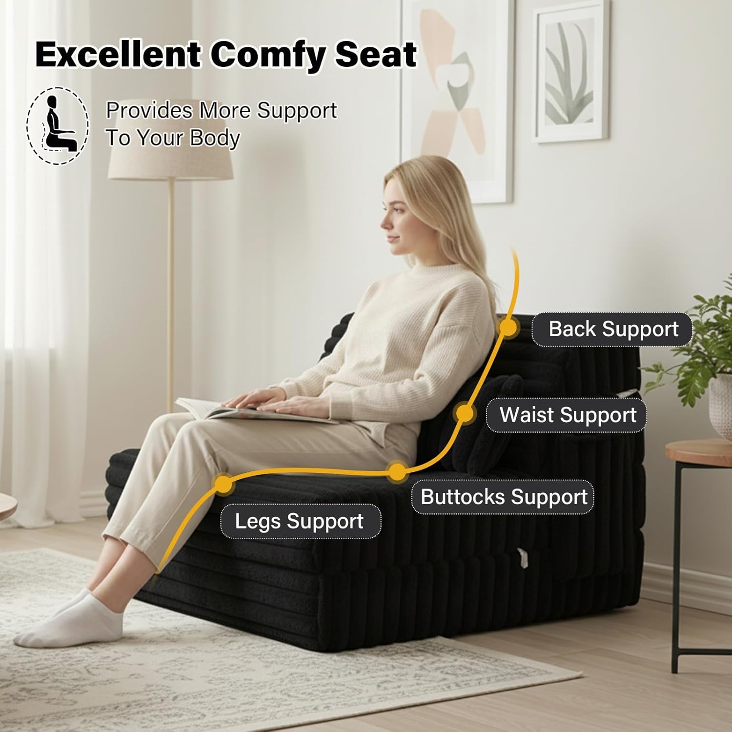Tiita Folding Sofa Bed Twin Size, Convertible Sleeper Chair Mattress with Pillow, Thick Corduroy Floor Mattress Couch Bed with Side Pocket, Guest Room, Dorm, Apartment, Balck