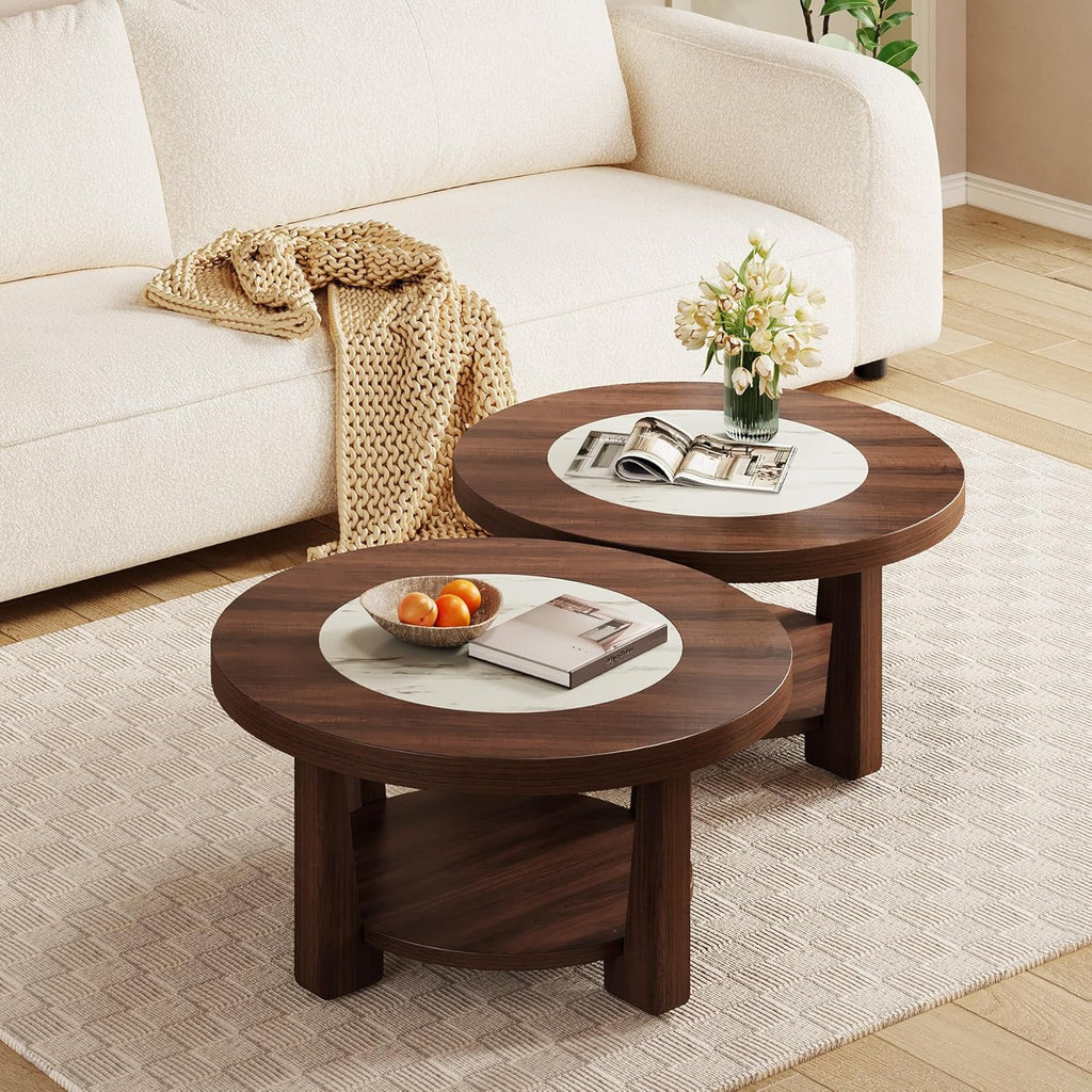 LITTLE TREE Modern Round Coffee Table, 2-Tier Wood Coffee Table with Storage, Marble-Like Tabletop for Living Room, Simple & Modern Center Table for Small Space, Brown