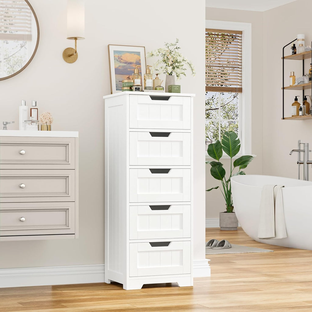 FOTOSOK Bathroom Cabinet, Bathroom Storage Cabinet with 5 Drawers, Wooden Storage Cabinets with Cut-Out Handles, 11.8” x 15.7” x 40.1” Bathrooms Floor Cabinets for Hallway/Living Room, White