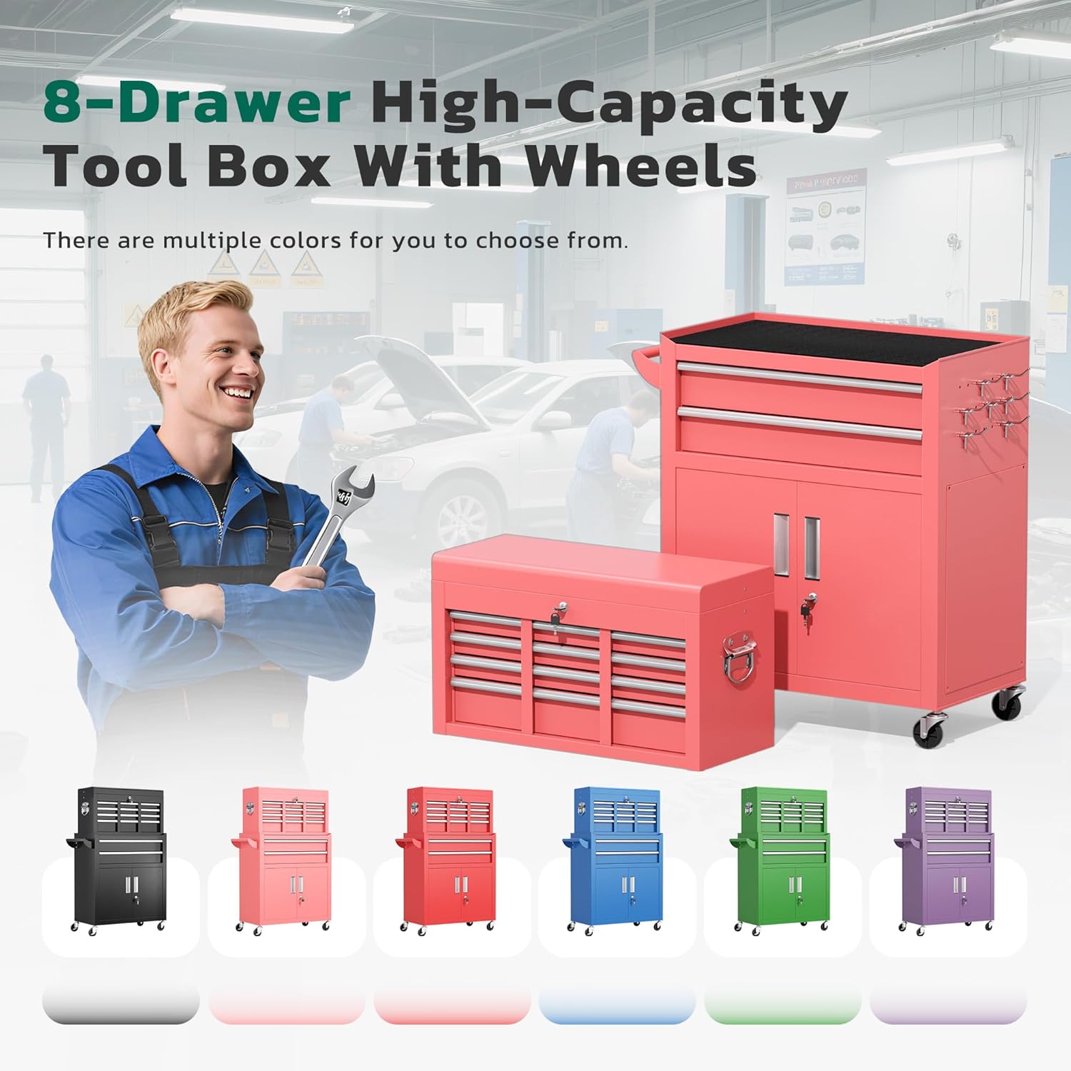 Greenvelly Tool Chest, 8-Drawer Rolling Tool Chest with Wheels, Detachable Top Tool Box, Assembled Tool Chest with Liner & Hooks, Rolling Tool Box for Garage, Workshop, Warehouse, Pink