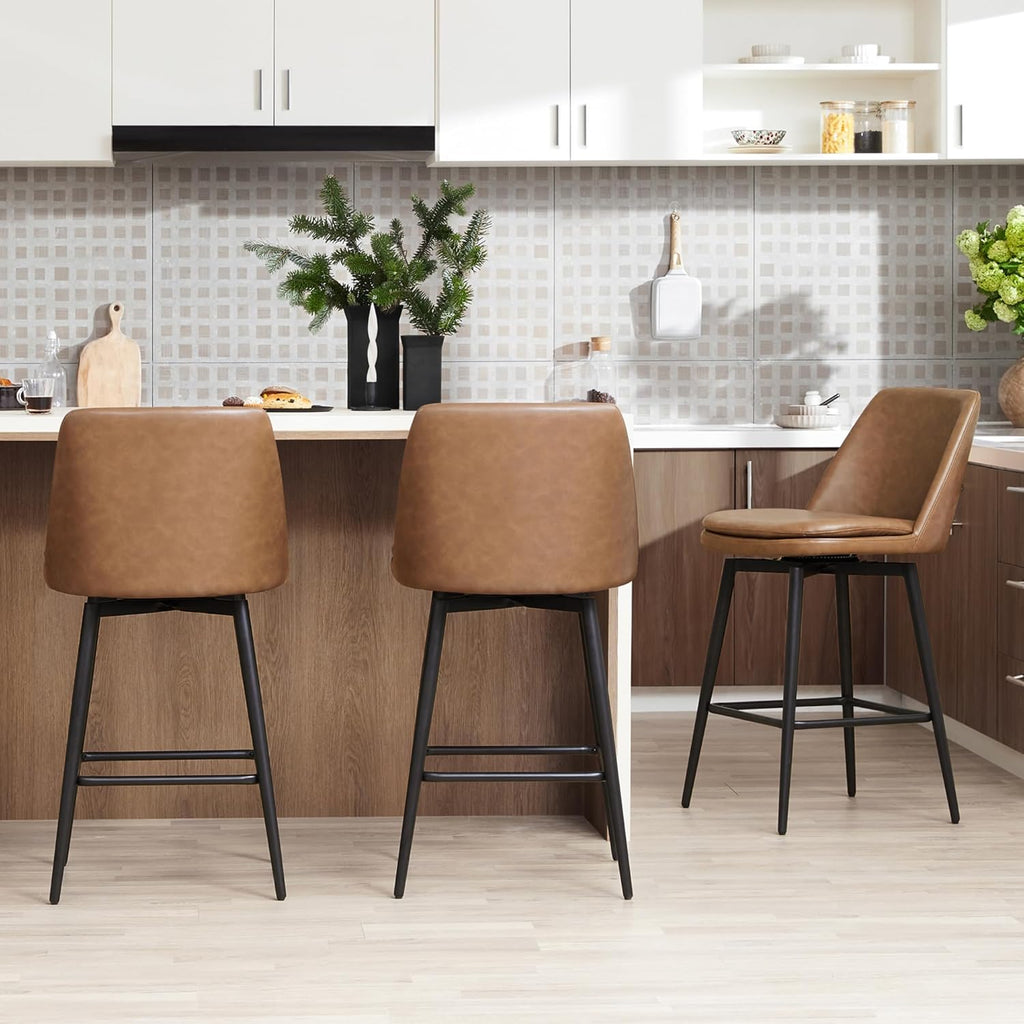 CHITA Swivel Bar Stools, 27.2" Counter Height Bar Stools Set of 3, FSC Certified Upholstered Modern Counter Stools, Metal Legs, Faux Leather, Saddle Brown