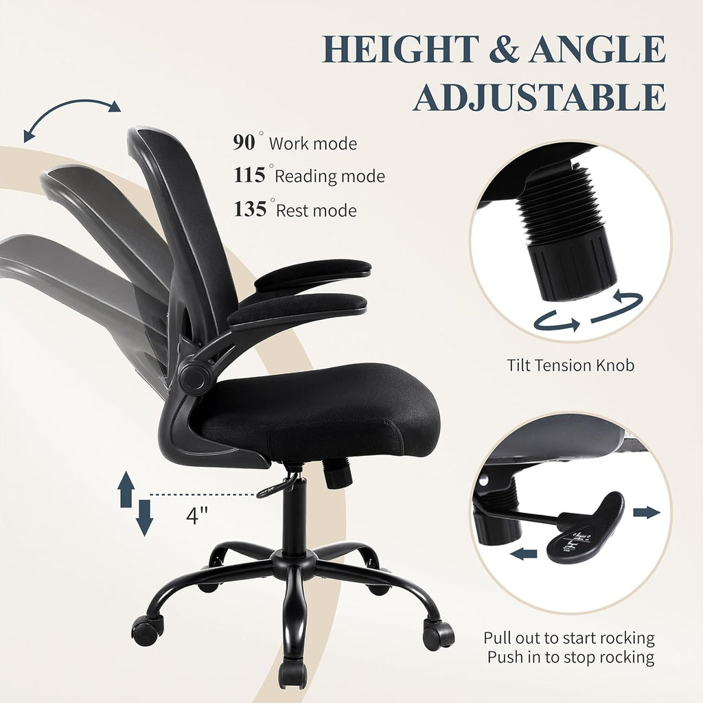 Flysky Ergonomic Home Office Desk Chair Set of 8 - Lumbar Back Support, Breathable Mesh Swivel Computer Task Chair with Wheels and Flip-up Arms, Height Adjustable, Black