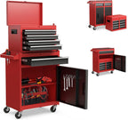 5 Drawer Rolling Tool Chest with Wheels, 2-in-1 Detachable Tool Box and Cabinet, Lockable Metal Storage Organizer, Mobile Toolbox for Garage Workshop Home, Black&Red