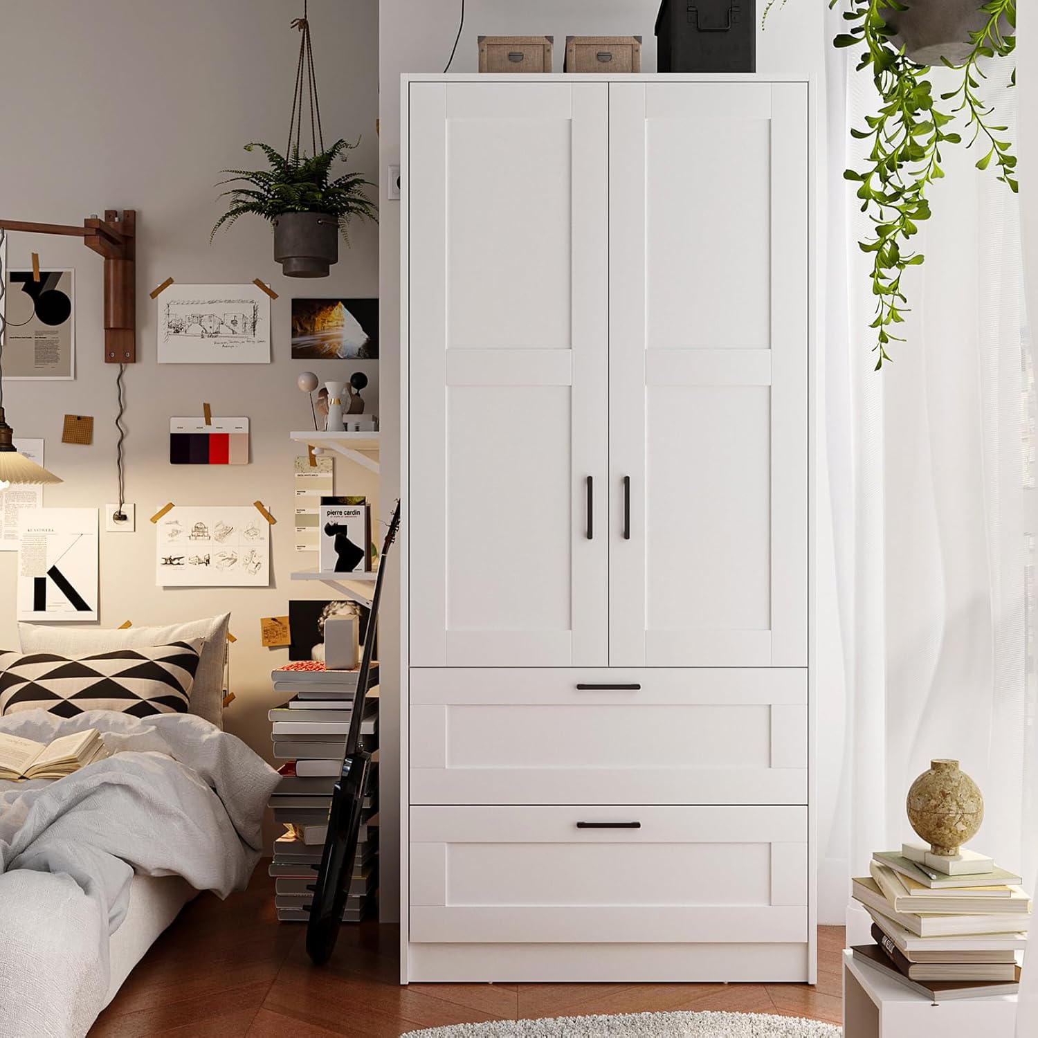 Wood White Wardrobe Closet with 2 Doors and 2 Drawers .Bedroom Freestanding Armoire Storage Cabinet with Shelves .Wooden Wardrobe Combination for Hanging Clothes (White 2 Drawers)