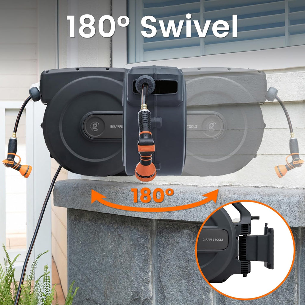 Giraffe Tools AW505/8 Retractable Garden Hose Reel 5/8" x 115+5 ft  Heavy Duty Wall Mounted Water Hose Reel Automatic Rewind  180 Deg Swivel Bracket  Slow Retraction  115ft  Dark Grey