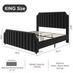 GarveeHome King Size Platform Bed Frame with 50.2 in Headboard, Velvet Upholstered Bed Frame King with Vertical Channel Tufted Headboard & Footboard, Nailhead Trim, No Box Spring Needed, Black