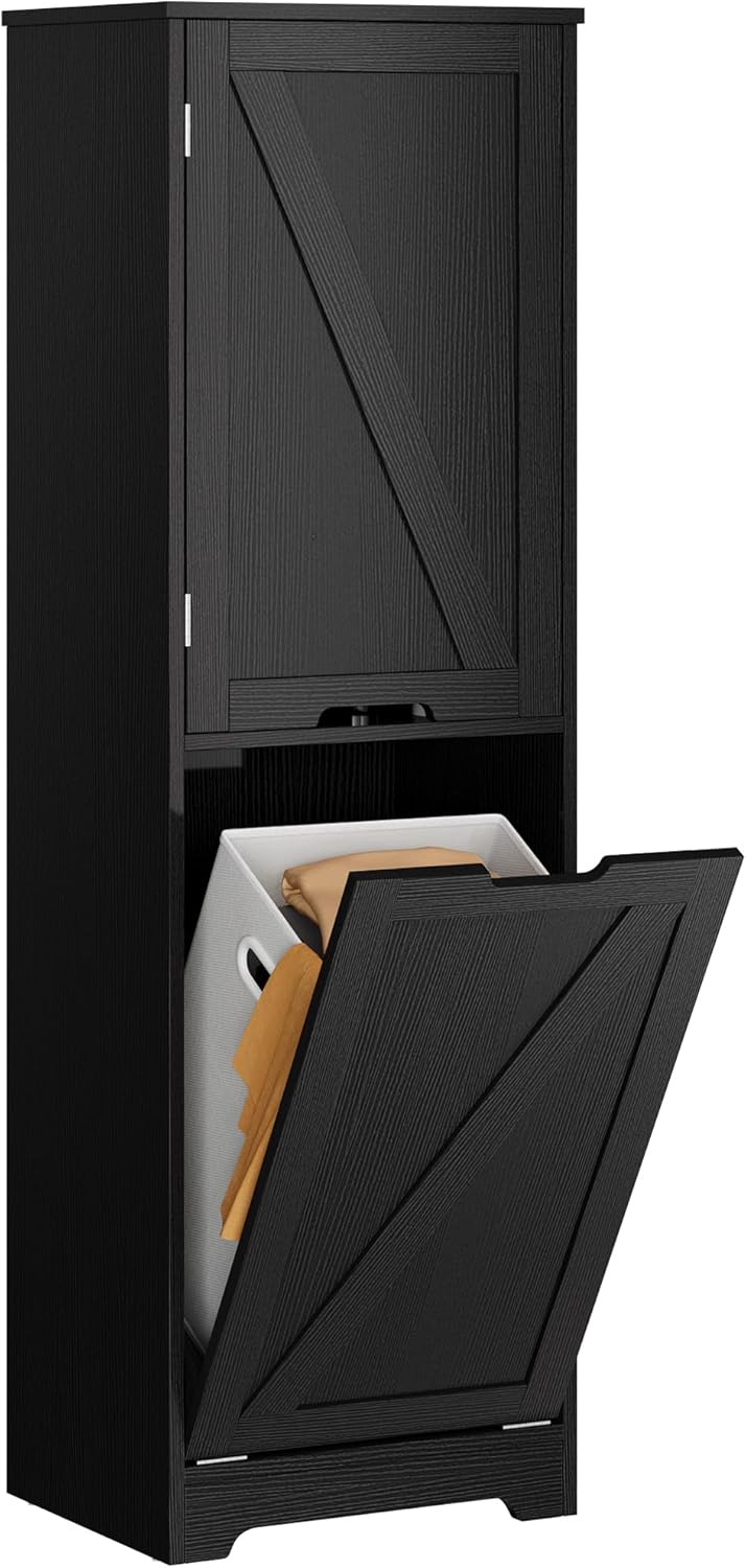 DWVO Tilt Out Laundry Hamper - 53" Tall Bathroom Storage Cabinet Laundry Cabinet with Adjustable Shelves and Clothes Basket, Laundry Hamper Shelf for Laundry Room Bathroom Organizer, Black