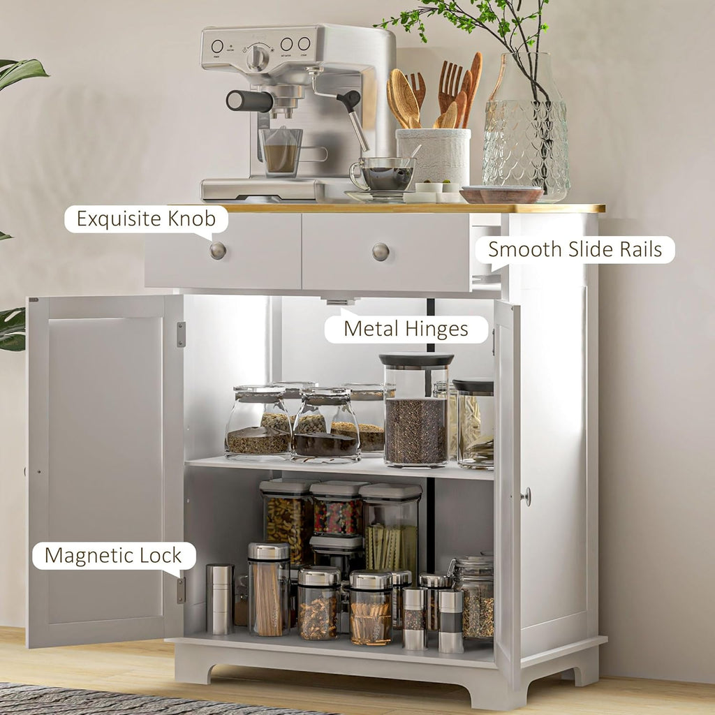 HOMCOM Sideboard Buffet Cabinet with Solid Wood Countertop, Modern Kitchen Storage Cabinet, Coffee Bar Cabinet with 2 Drawers, Doors and Adjustable Shelf, Distressed White