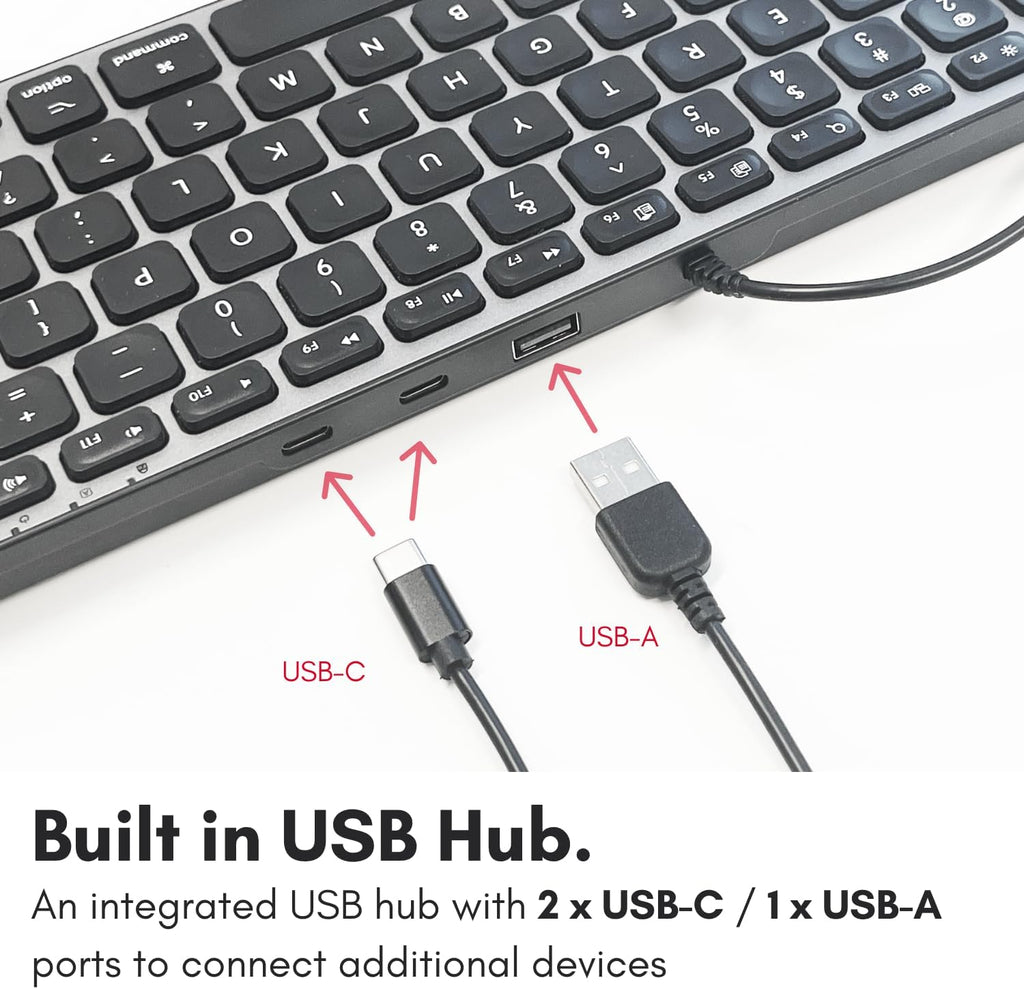 Macally Wired Keyboard for Mac with USB Hub (2X USBC / 1x USBA) - Compatible Small Apple Keyboard with 2 in 1 USB Plug - for MacBook Pro/Air, Mac mini, iMac