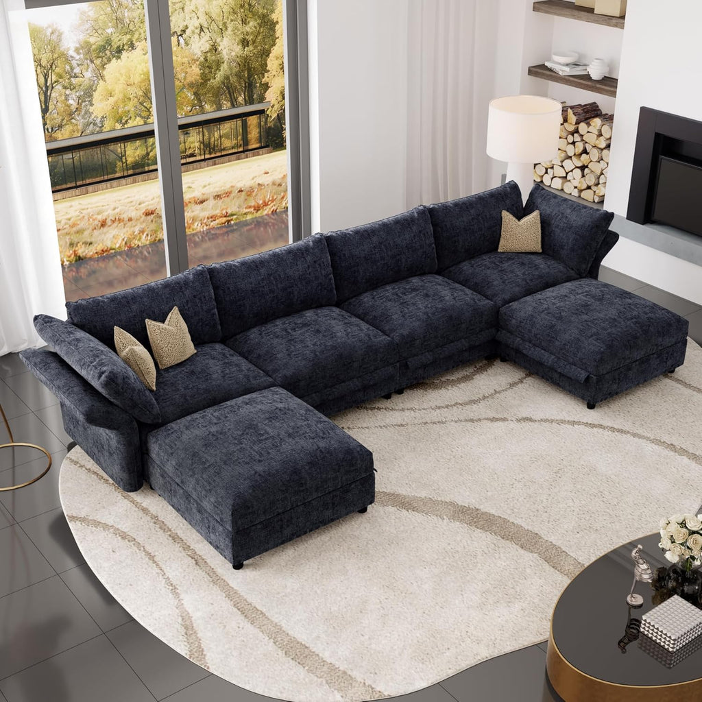 159" Oversized Cloud Couch Sectional with Storage, Extra Wide Deep Modular Sectional Sofa for Living Room with Adjustable Arms, High Back, U Shaped, 6 Seater, Dark Grey Chenille | Extra Large Seat, Thick Plush Cushion, FSC Certified Fabric