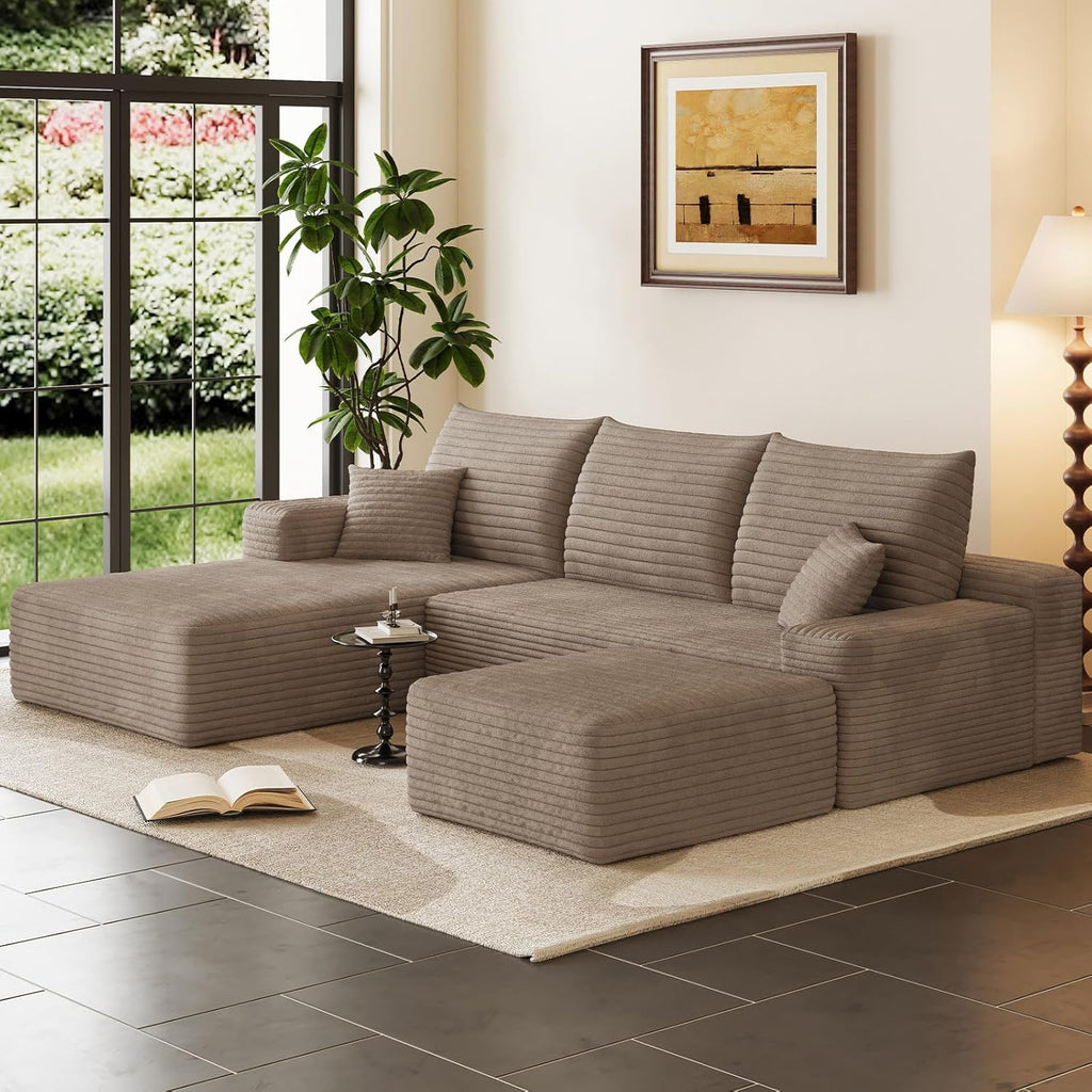 95" Cloud Sectional Couch with Ottoman,Modern U-Shaped Cloud Couch with Deep Seat,Comfy Corduroy 3-Seater Sofa,Memory Foam Sofa for Living Room,No Assembly (Camel,Left-Facing Chaise)