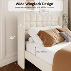 Queen Size Bed Frame with Wingback Headboard, Velvet Upholstered Platform Bed Frame with Button Tufted Headboard, Wooden Slats Support, No Box Spring Needed, Noise Free, Easy Assembly, Beige