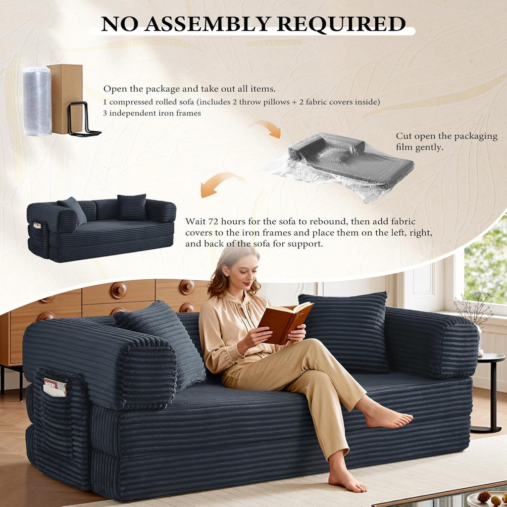Boneless Couch Folding Couches for Living Room Sofa, Futon Sofa Bed with Sleeper Sofa, Futon Couch with Fixed-Shape Oversized Corduroy Upholstered (Dark Gray, 81 Inches)