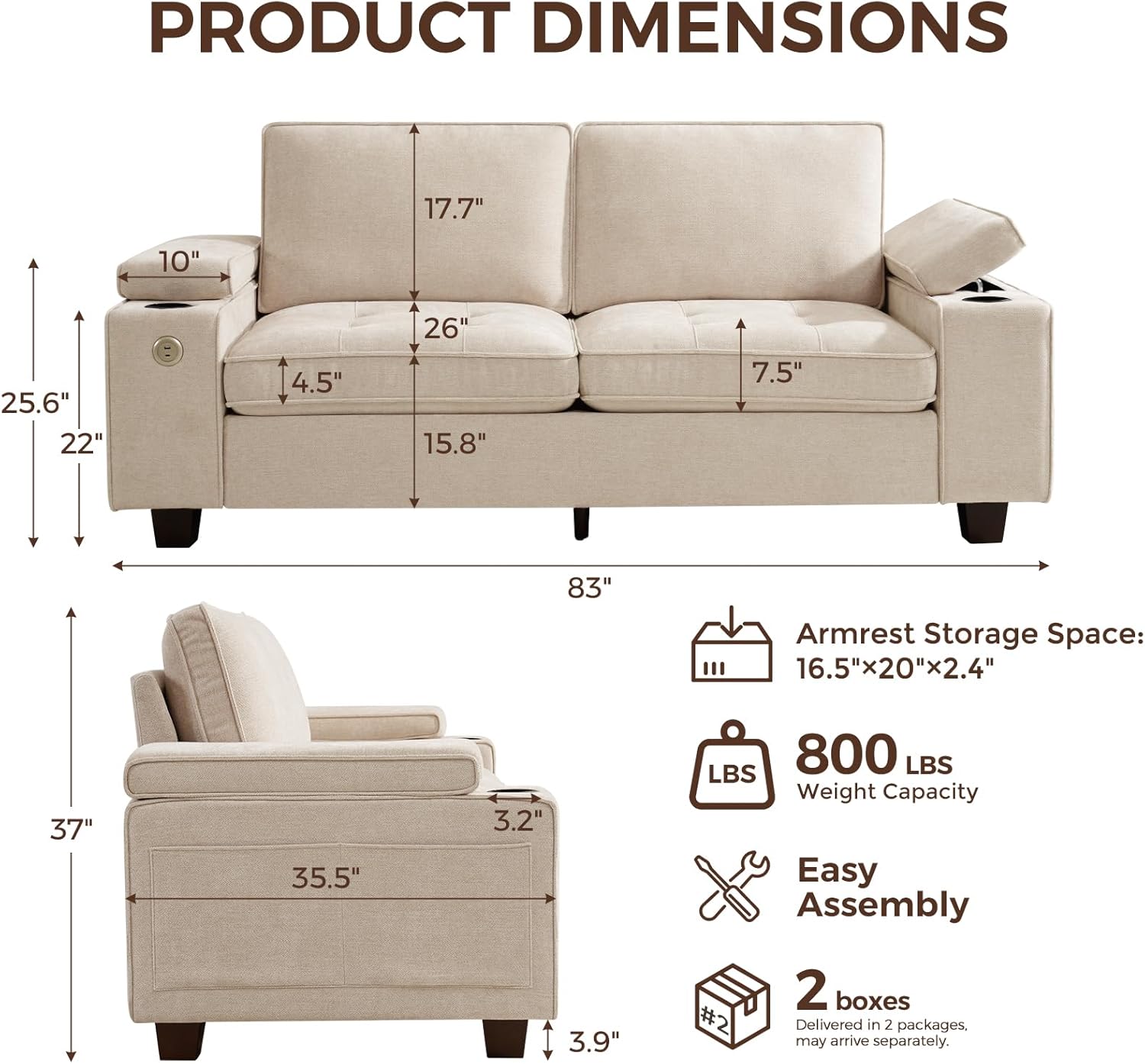 84" Loveseat Sofa for Living Room with USB & Type-C Ports, Modern Chenille Love Seat Couch, Adjustable Storage Armrest, Cup Holders, Solid Wood Frame Deep Seat for Small Spaces (Beige, 84in)