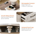 WAMPAT Farmhouse End Table Nightstand with Charging Station, Small Side Table with 2 Drawers & Shelf for Living Room, Light Wood Night Stand Bedside Table for Bedroom, Antique White