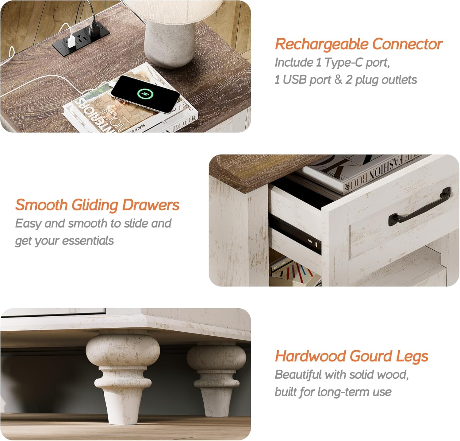 WAMPAT Farmhouse End Table Nightstand with Charging Station, Small Side Table with 2 Drawers & Shelf for Living Room, Light Wood Night Stand Bedside Table for Bedroom, Antique White
