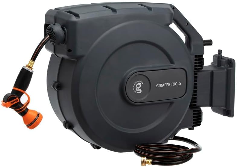 Giraffe Tools AW505/8 Retractable Garden Hose Reel 5/8" x 115+5 ft  Heavy Duty Wall Mounted Water Hose Reel Automatic Rewind  180 Deg Swivel Bracket  Slow Retraction  115ft  Dark Grey