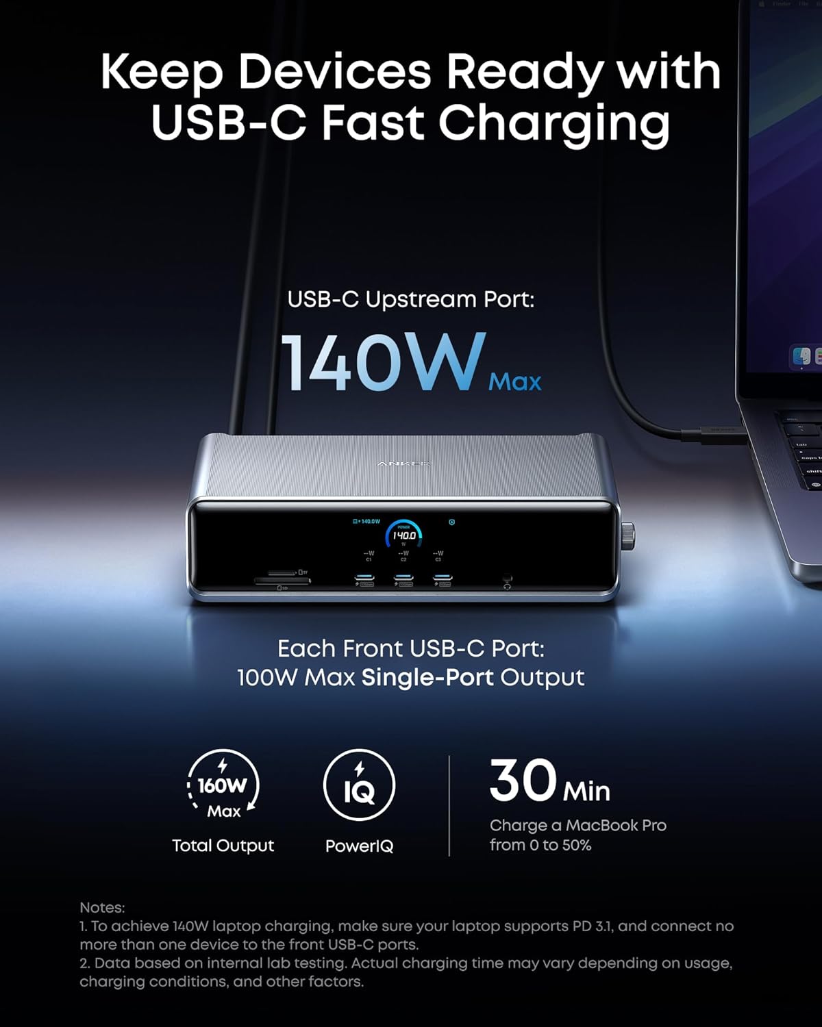 Anker Prime Docking Station (DL7400)  14-Port Triple Display with DisplayLink  140W Max  Smart Display  Triple 4K 60Hz  Cooling Fan  for macOS and Windows (The Latest DisplayLink Driver Required)