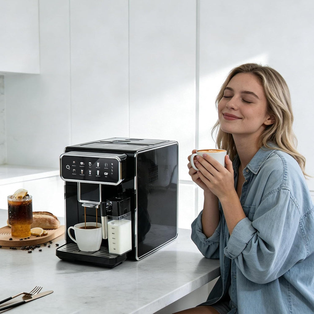 Automatic Espresso Machine with Grinder and Milk Frother - Grinder Coffee Machine Expresso Maker with 7 One-Touch Coffee Recipes for Latte, Cappuccino, Americano, Iced and Hot Coffee (Black)