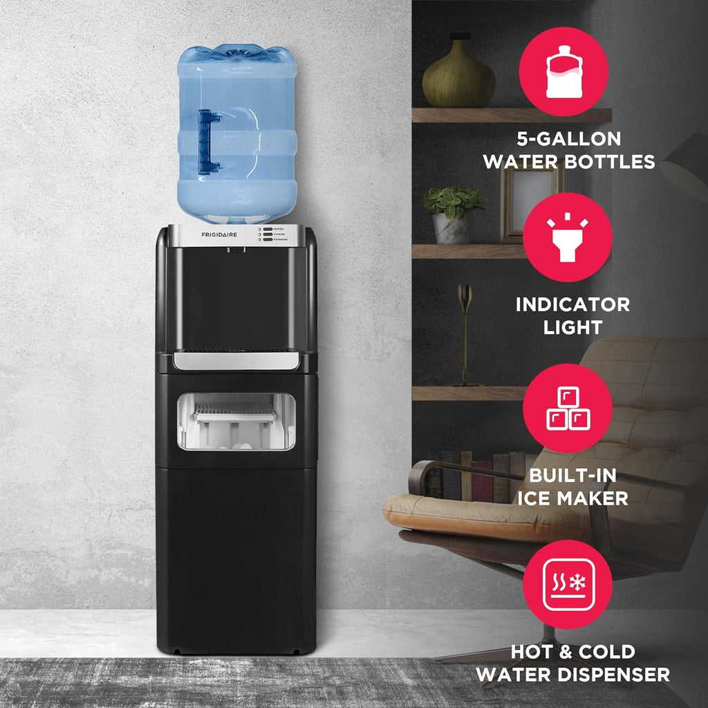 Frigidaire 3-in-1 Ice & Water Machine – Hot or Cold Top-Load Water Cooler Dispenser for 5 Gal Bottle – Built-in Bullet Ice Maker – Compact, Black