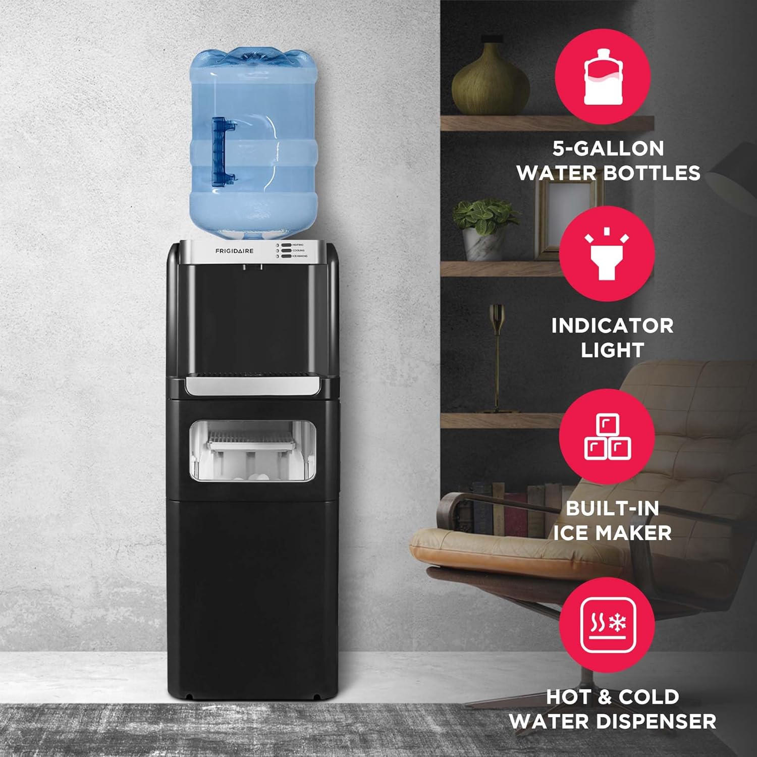 Frigidaire 3-in-1 Ice & Water Machine – Hot or Cold Top-Load Water Cooler Dispenser for 5 Gal Bottle – Built-in Bullet Ice Maker – Compact, Black