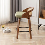 26" Swivel Rattan Bar Stools Set of 2,Mid-Century Modern Green Faux Leather Upholstered Counter Height Stools,Kitchen Island Barstools with Rattan Low Backrest,Walnut Wood Finish Bar Chairs