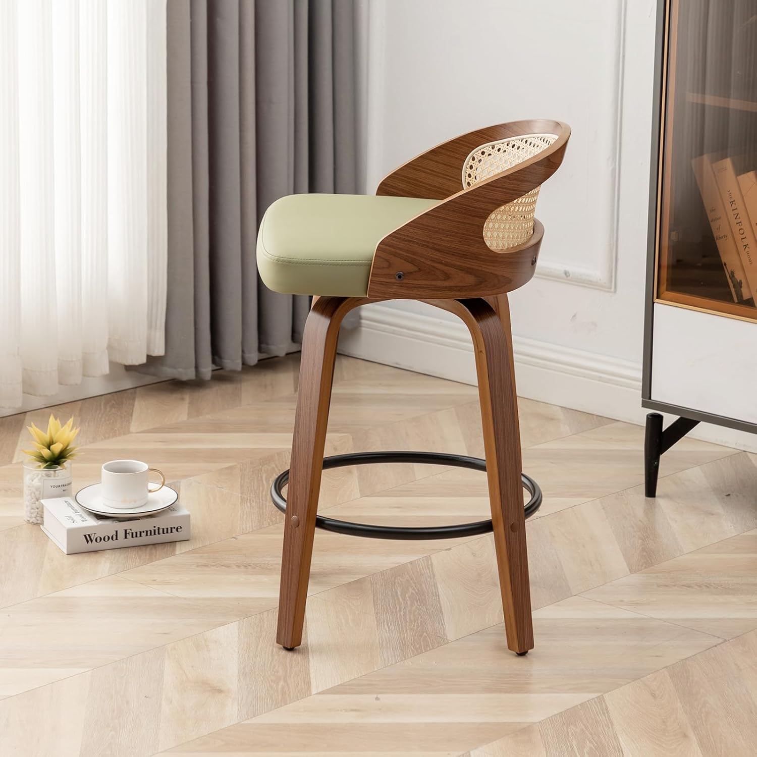 26" Swivel Rattan Bar Stools Set of 2,Mid-Century Modern Green Faux Leather Upholstered Counter Height Stools,Kitchen Island Barstools with Rattan Low Backrest,Walnut Wood Finish Bar Chairs
