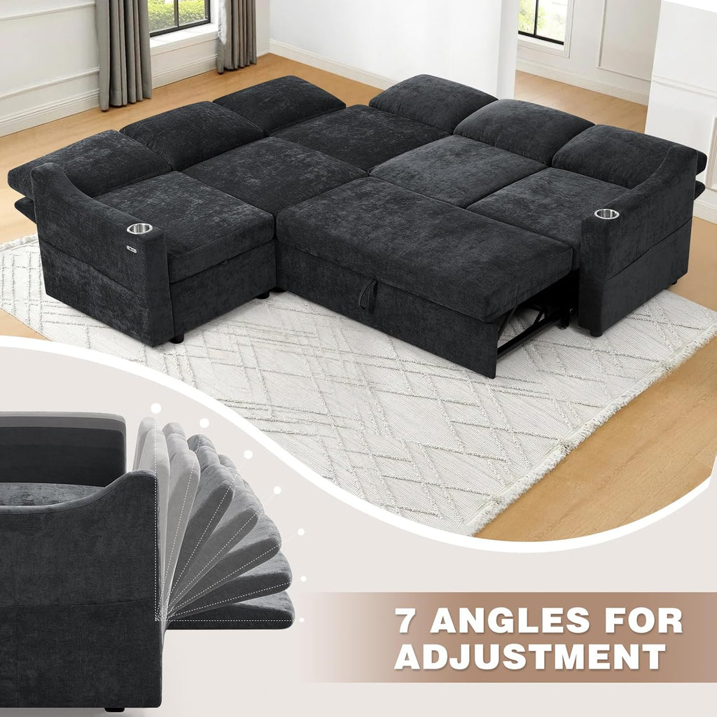 84" Chenille Modular Sleeper Sofa with Adjustable Backrests, Convertible Corner Sofa with USB Ports, L-Shape Sectional Couch with Pull-Out Bed & Storage Space for House, Living Room, Black