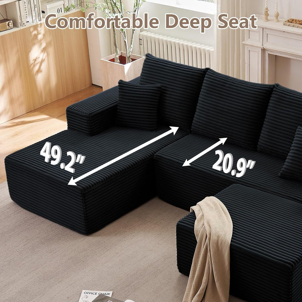 107" Cloud Modular Sectional Couches, Modern Convertible U Shaped Couch, 3 Seat Corduroy Comfy Deep Seat Sectional Sofa Oversize Deep Seat Sofa