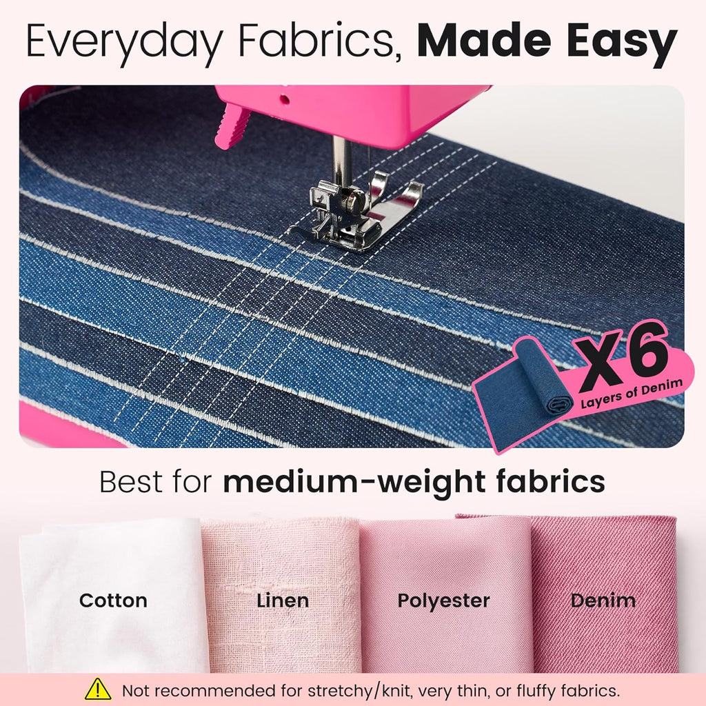 Portable Mini Sewing Machine for Beginners, 14 Stitches, Easy Dial Control, LED Light & Extension Table, Compact Lightweight for Home DIY Mending, Ideal Gift for Kids Adults Bright pink