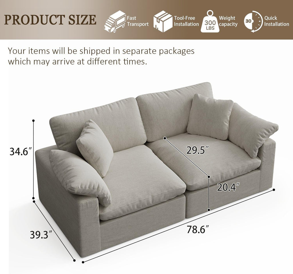 Modular Sectional Sofa Cloud Couch,78.6" Down Filled Comfy Cloud Modern Sofa,2 Seater with Light Beige Linen Couch Cushion Covers Removable Furniture for Living Room