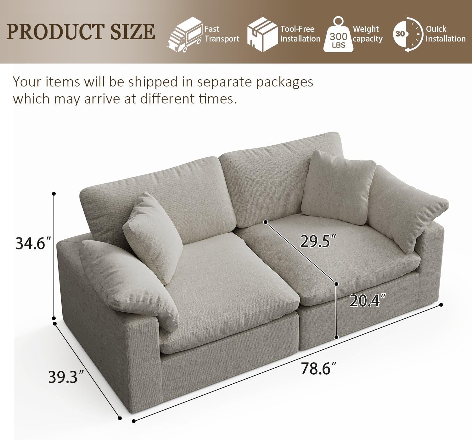Modular Sectional Sofa Cloud Couch,78.6" Down Filled Comfy Cloud Modern Sofa,2 Seater with Light Beige Linen Couch Cushion Covers Removable Furniture for Living Room