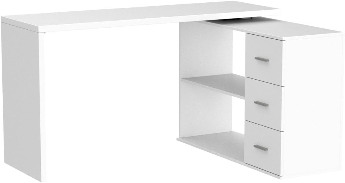 HSH White L Shaped Desk with Drawers Shelves, 360 Rotating Office Computer Desk with Storage Cabinet, Corner Home Office Desk Computer Table .55 Inch