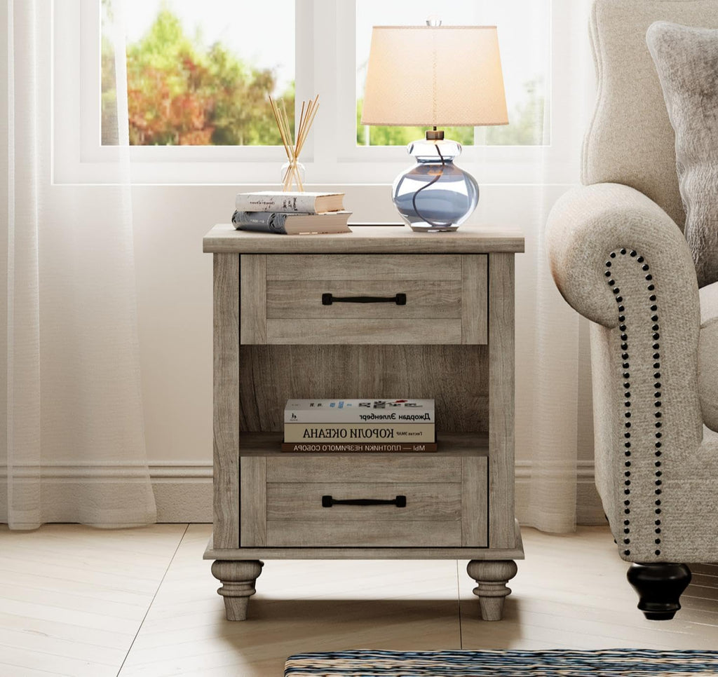 WAMPAT Farmhouse End Table Nightstand with Charging Station, Small Side Table with 2 Drawers & Shelf for Living Room, Light Wood Night Stand Bedside Table for Bedroom, Grey