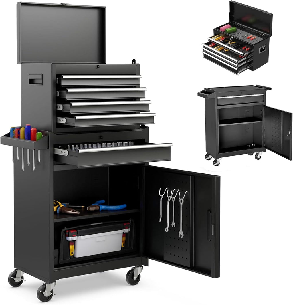 5 Drawers Tool Cart on Wheels with 1 Cabinet, Multifunctional Removable Rolling Tools Chest Storage Set, Tool Trolley Organizer Tools Box for Garage,Warehouse,Repair Shop,Workshop (Black)