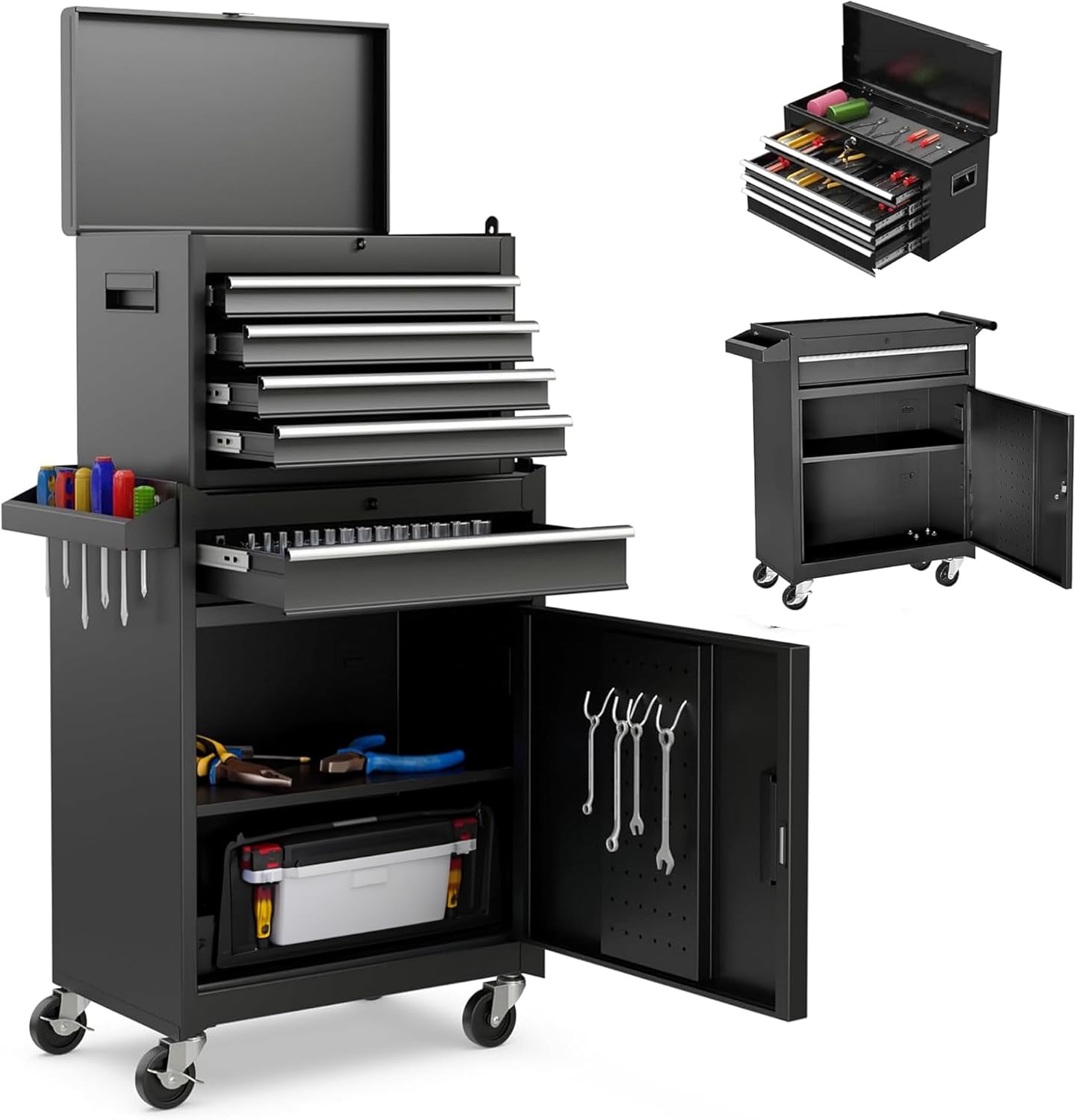 5 Drawers Tool Cart on Wheels with 1 Cabinet, Multifunctional Removable Rolling Tools Chest Storage Set, Tool Trolley Organizer Tools Box for Garage,Warehouse,Repair Shop,Workshop (Black)