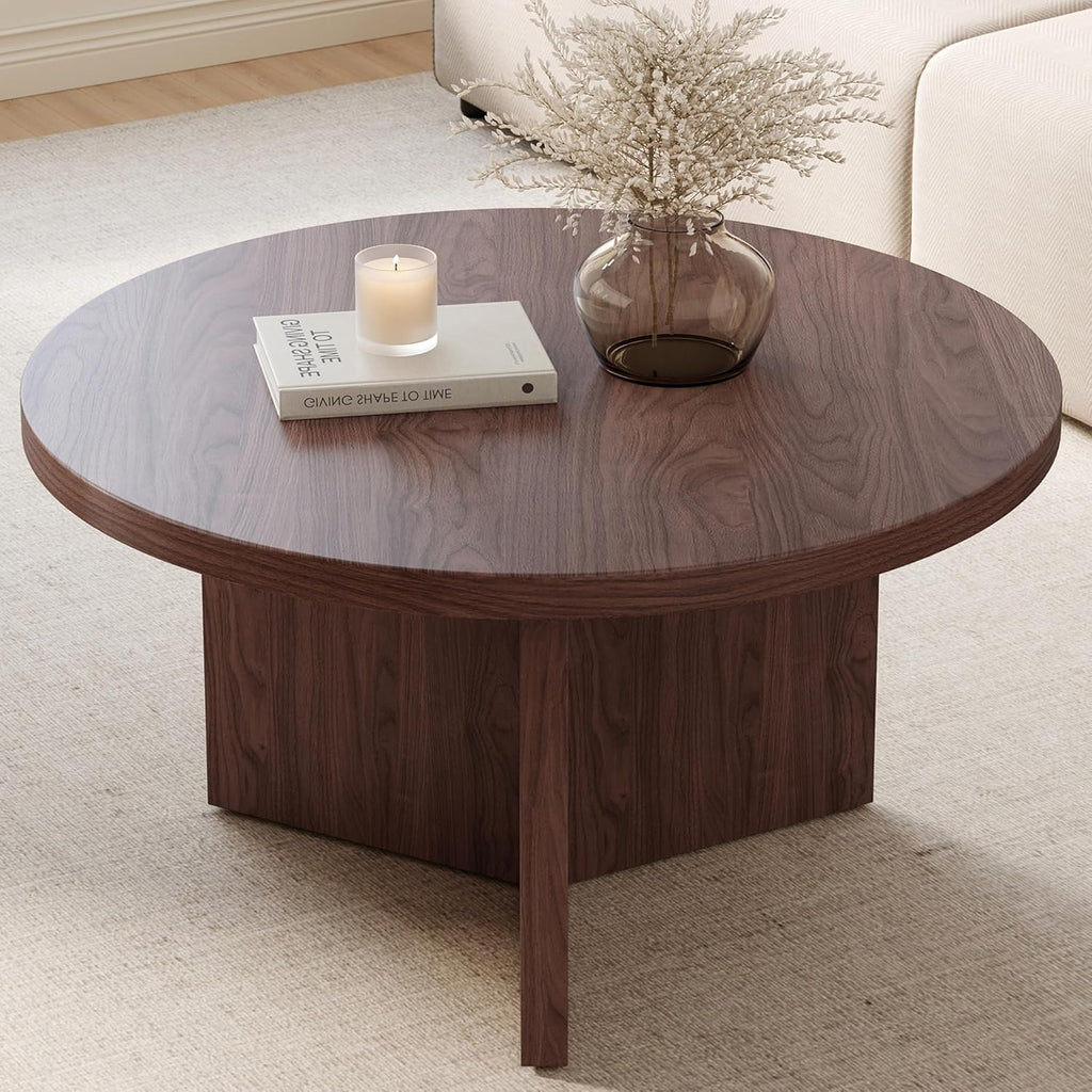 Luoxiao 31.5" Round Coffee Table Mid Century Modern Center Table for Living Room, Minimalist Circle Accent Table for Apartments, Study, Office, Space-Saving, Easy Assembly, Walnut